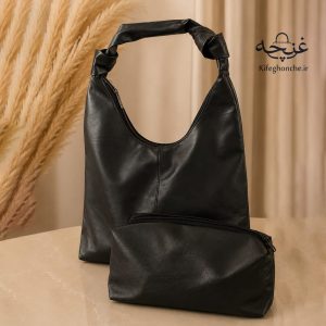کیف دوشی زنانه مدل گره رنگ مشکی همراه کیف آرایشی