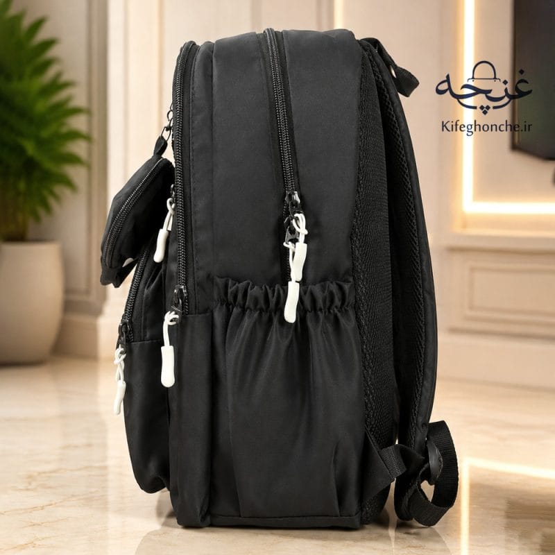 کوله پشتی مدل هپی با پارچه دیبا خارجی ضد آب + مینی بگ از نمایه بغل